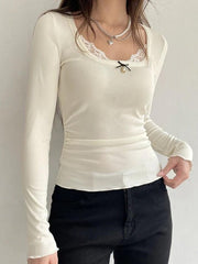 Lace Splice Bow Pearl Decor Square Neck Long Sleeve Knit