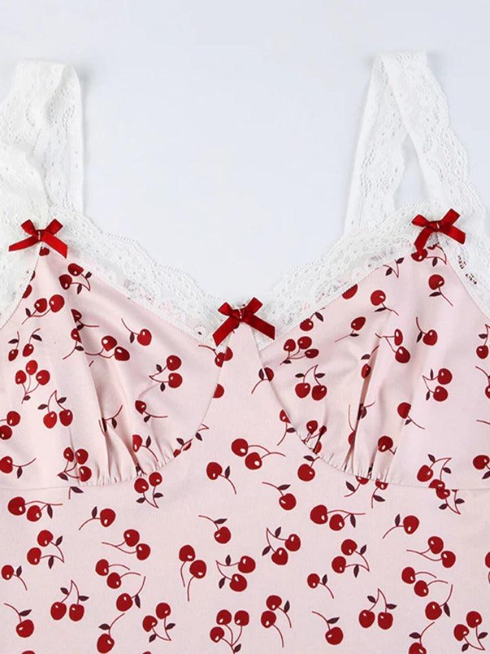 Cherry Print Lace Splice V Neck Mini Dress