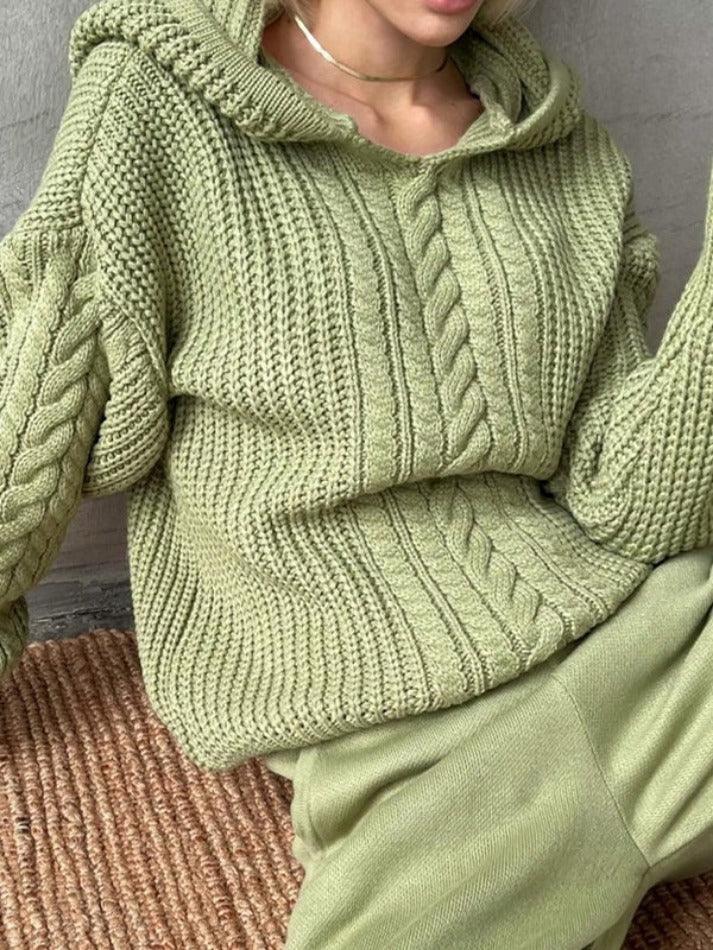 Solid Color Hooded Cable Knit Sweater