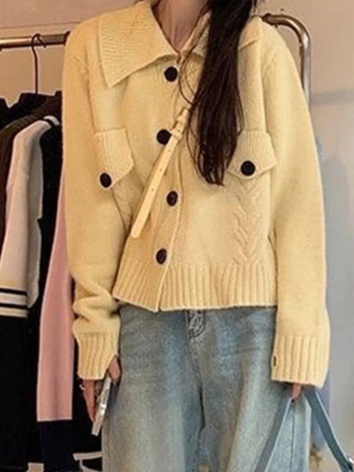 Solid Flap Design Lapel Neck Knit Cardigan