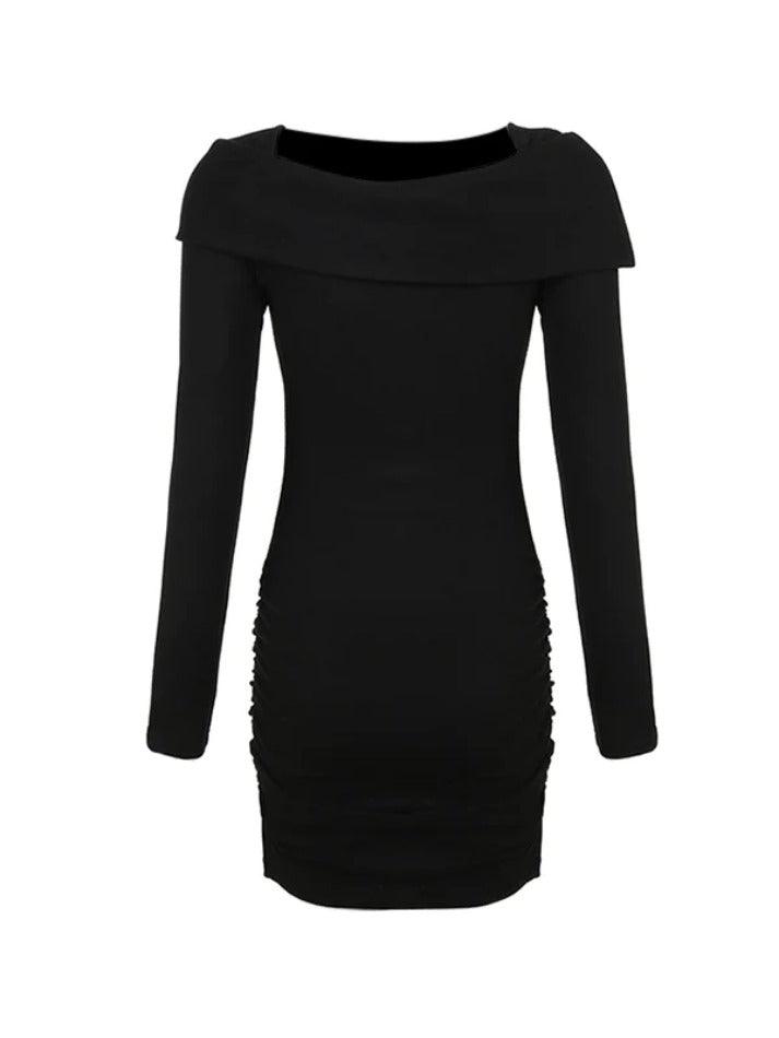 Solid Shirred Lapel Neck Knit Mini Dress