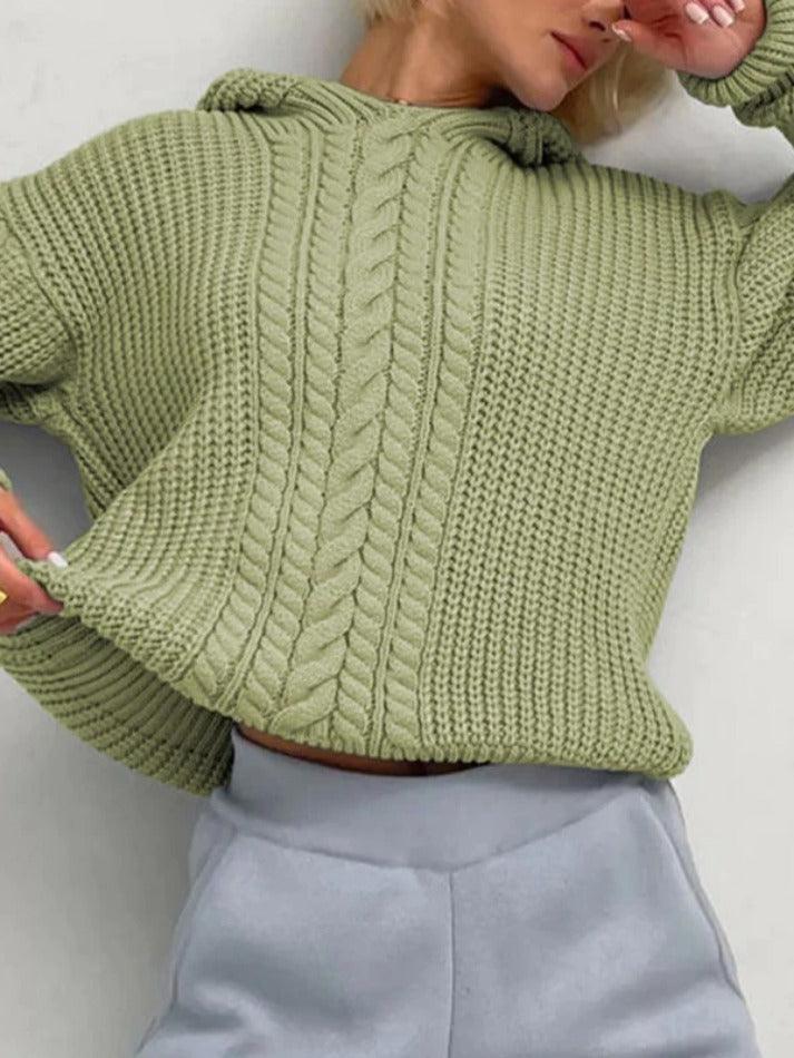 Solid Color Hooded Cable Knit Sweater