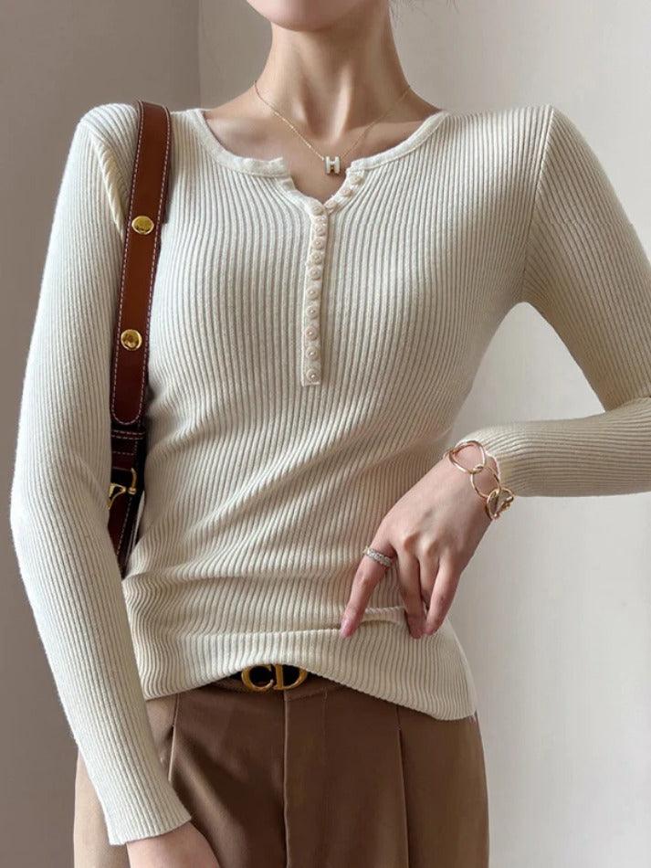 Solid Ribbed Breasted Long Sleeve Knit