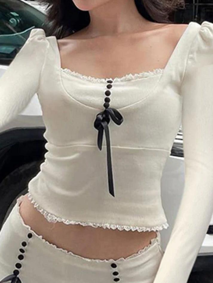 Lace Trim Splice Bow Long Sleeve Knit