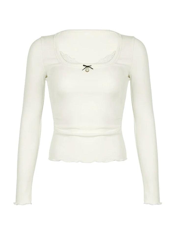 Lace Splice Bow Pearl Decor Square Neck Long Sleeve Knit