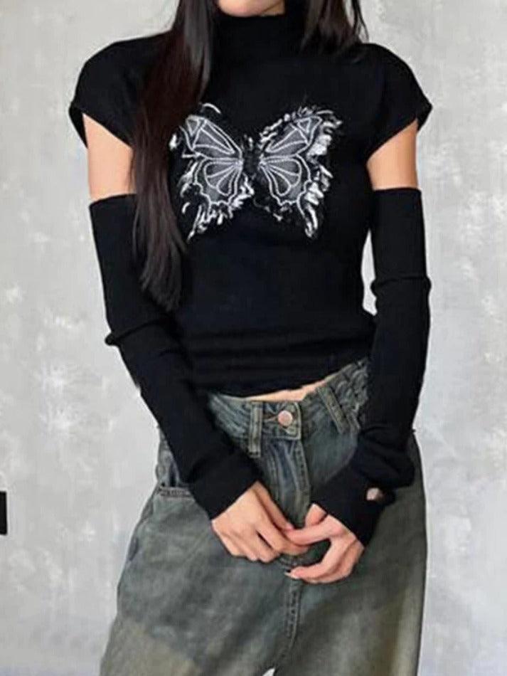 Butterfly Patch Mock Neck With Cuff Long Sleeve Knit