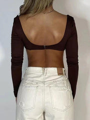 Solid U Neck Backless Ultra Short Long Sleeve Tee