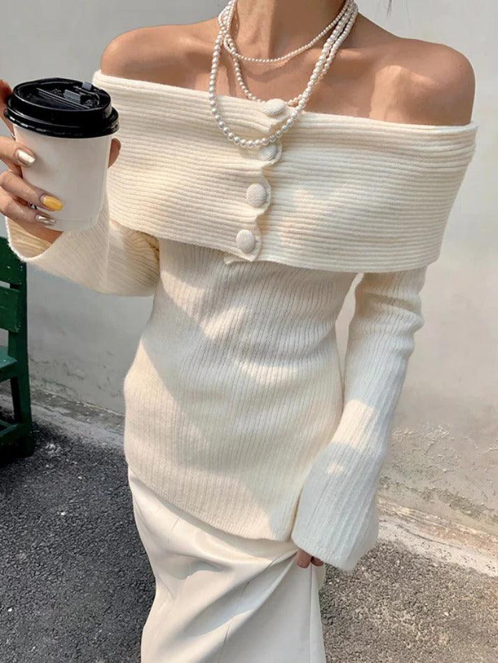 Solid Off Shoulder Slit Knit Sweater