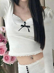 Lace Trim Splice Bow Long Sleeve Knit