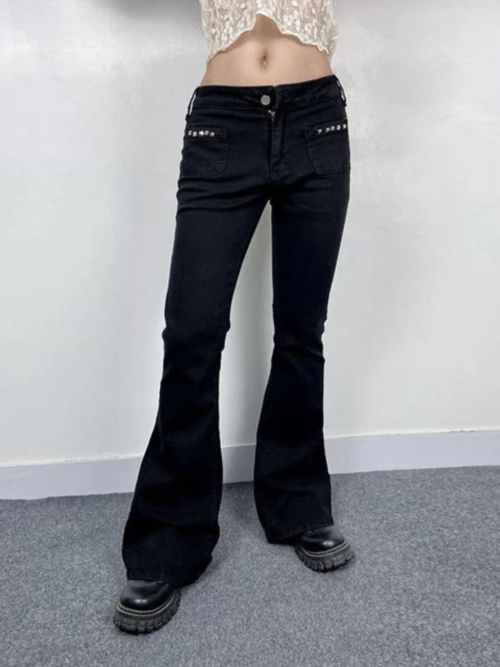 Low Rise Studded Elastic Flare Jeans