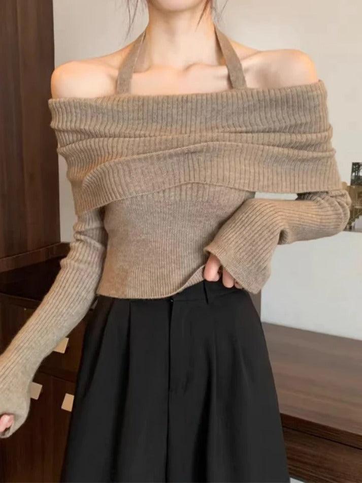 Solid Halter Ruched Cold Shoulder Sweater