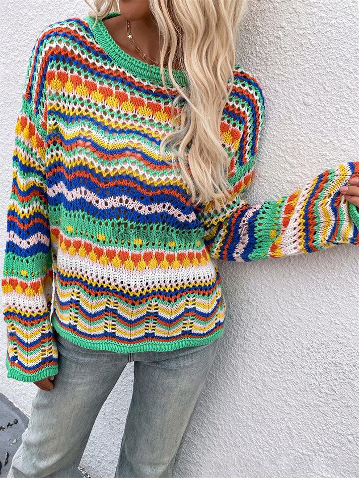 Rainbow Stripe Crochet Knit Sweater