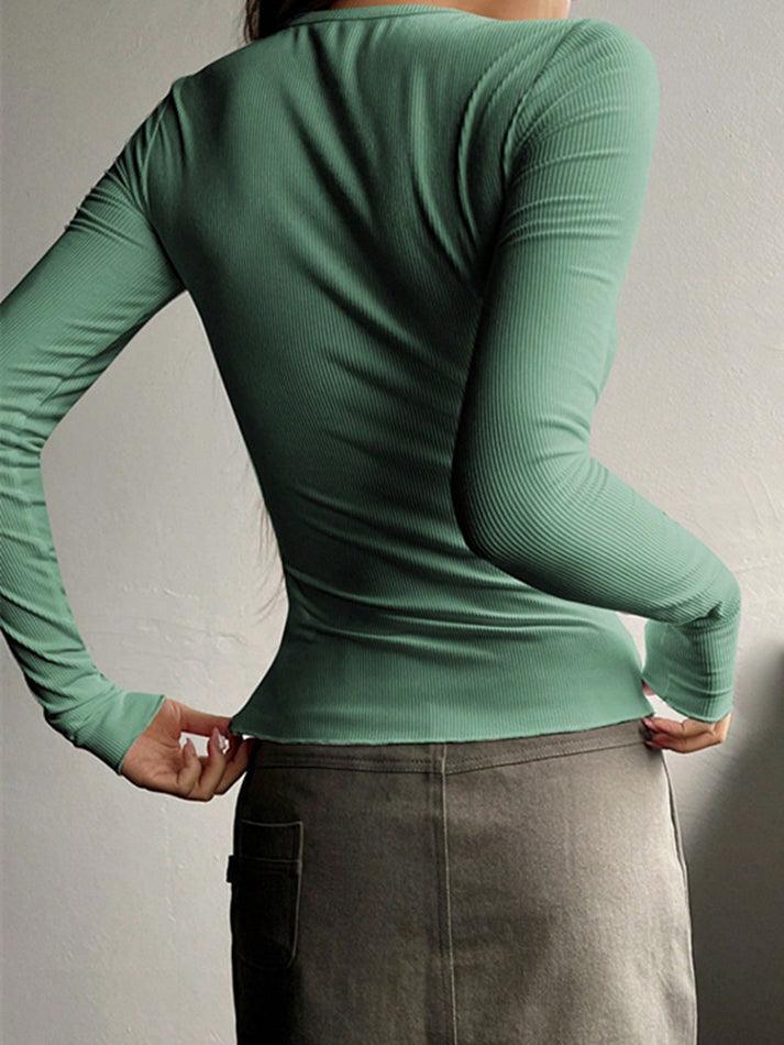 Solid Color Breasted V Neck Slim Long Sleeve Knit