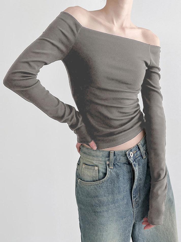 Solid Color Off Shoulder Slim Long Sleeve Tee