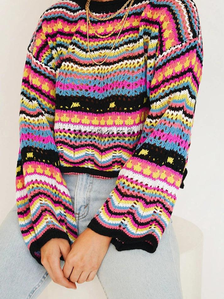 Rainbow Stripe Crochet Knit Sweater