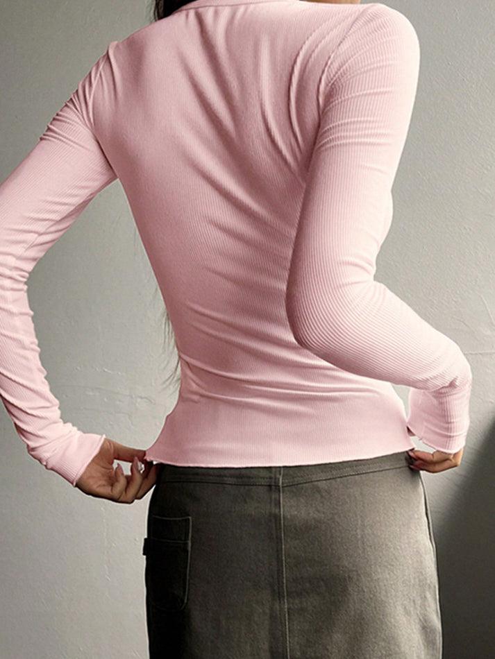 Solid Color Breasted V Neck Slim Long Sleeve Knit