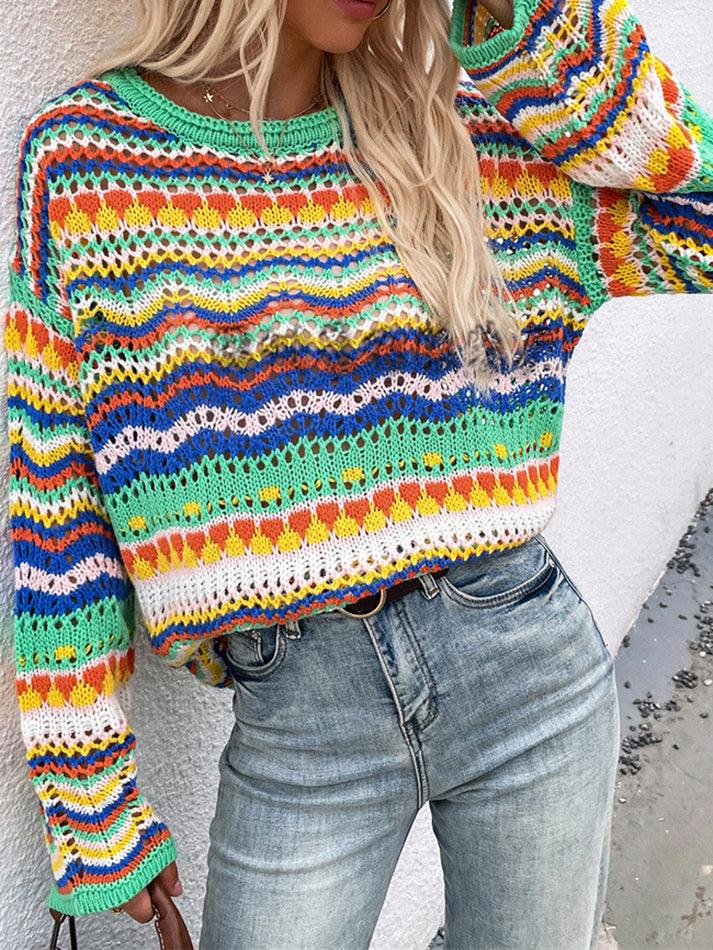 Rainbow Stripe Crochet Knit Sweater