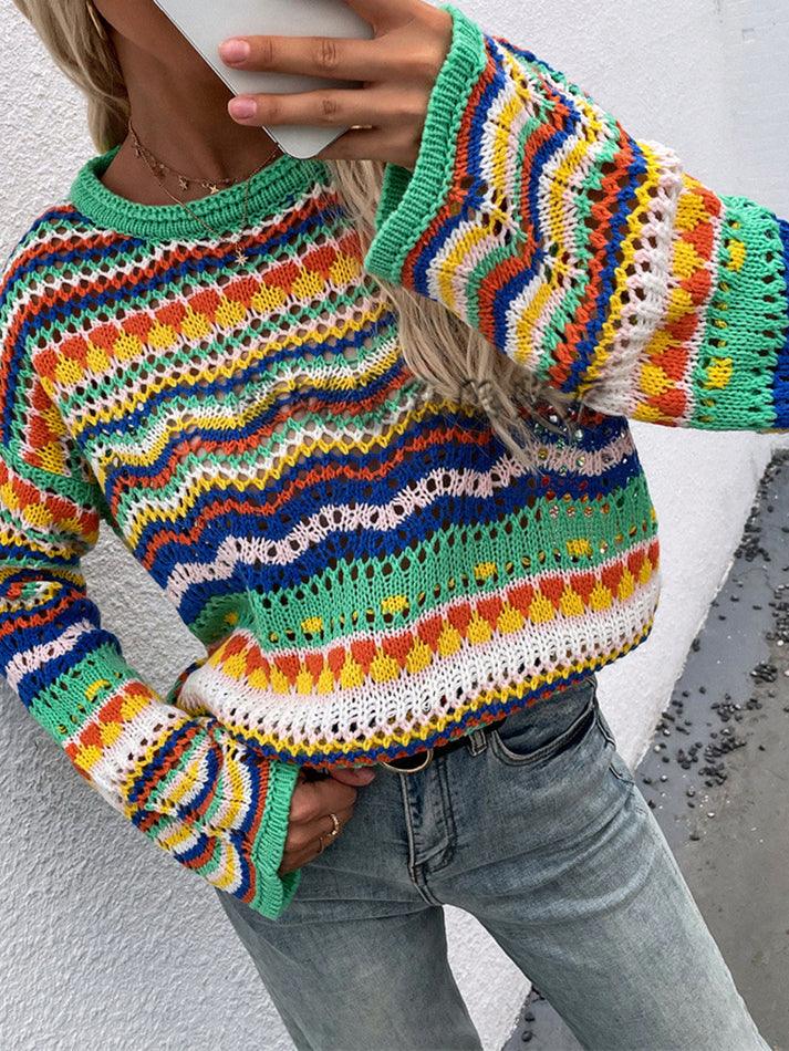 Rainbow Stripe Crochet Knit Sweater
