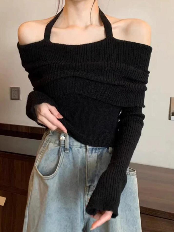 Solid Halter Ruched Cold Shoulder Sweater