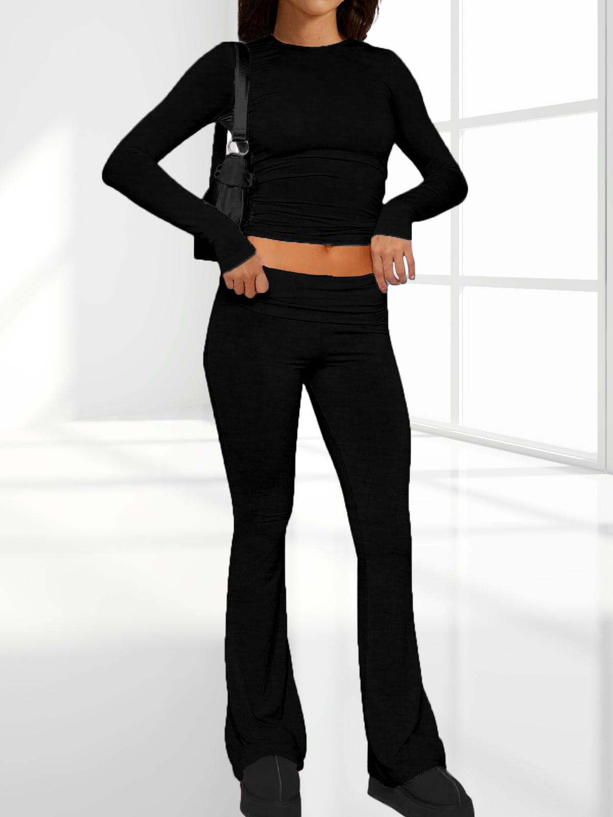 Long Sleeve Cropped Top Fold-over Flare Pants Set