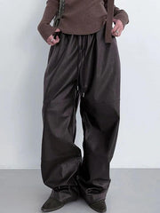 High Rise Drawstring Loose Leather Pants