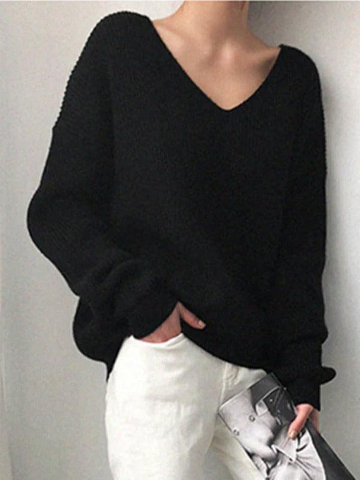 Solid V Neck Irregular Hem Baggy Knit Sweater