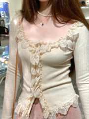 Lace Trim Slit Long Sleeve Knit