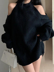 Solid Cold Shoulder Loose Ribbed Sweater