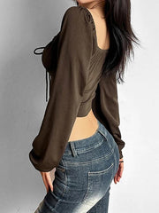 French Ruched Lacing Corset Irregular Hem Long Sleeve Tee