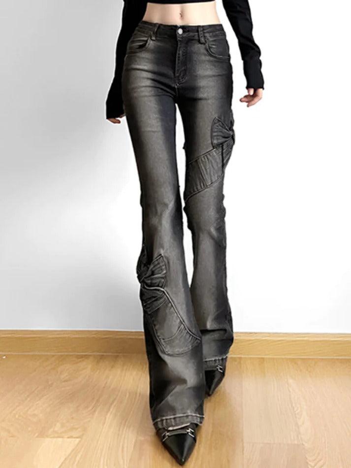 High Rise Ruched Bow Flare Jeans