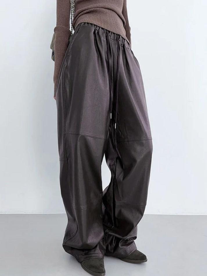 High Rise Drawstring Loose Leather Pants