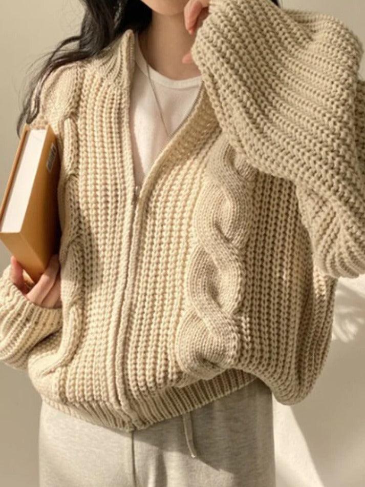 Solid Zip Up Crochet Cable Knit Cardigan