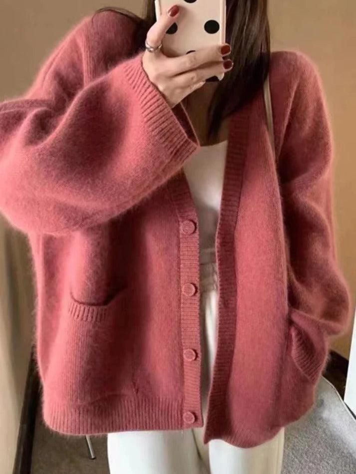 Solid V Neck Loose Knit Cardigan