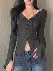 Solid Color V Neck Slit Sleeve Long Sleeve Knit