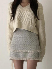 Solid V Neck Tie Back Loose Sweater