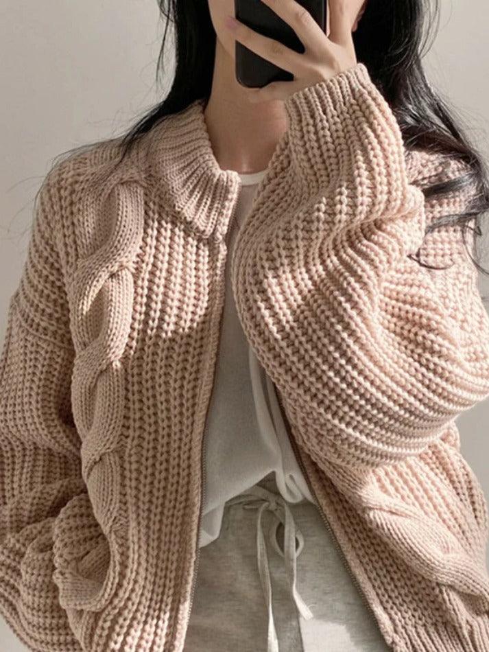 Solid Zip Up Crochet Cable Knit Cardigan