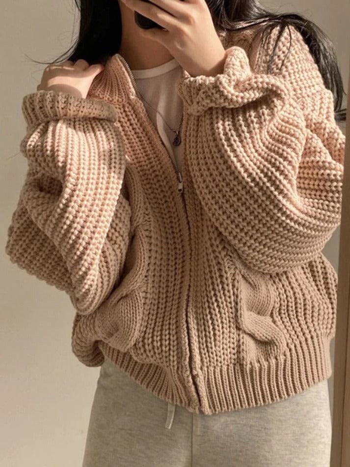 Solid Zip Up Crochet Cable Knit Cardigan