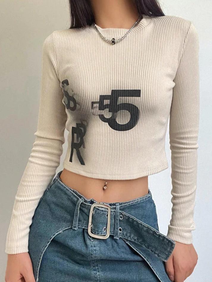 Fuzzy Print Slim Cropped Long Sleeve Knit