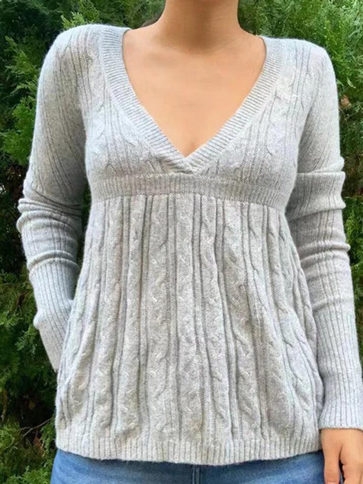 Solid V Neck Crochet A Line Hem Sweater