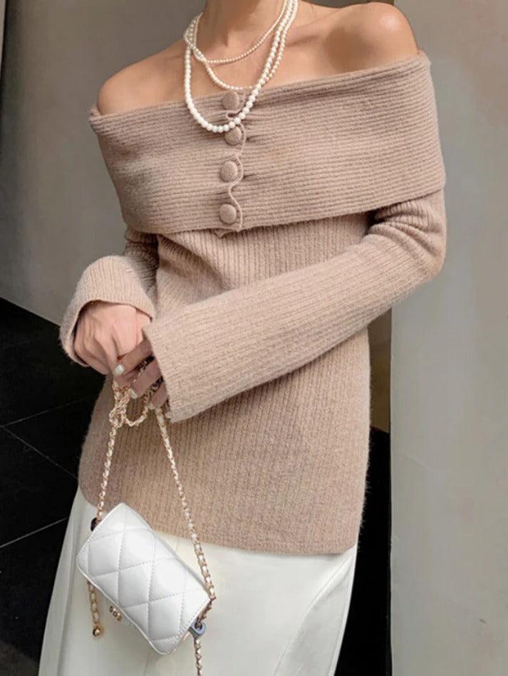 Solid Off Shoulder Slit Knit Sweater