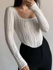 Asymmetric Creped White Long Sleeve Crop Top