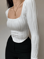 Asymmetric Creped White Long Sleeve Crop Top