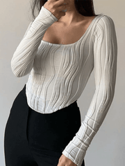 Asymmetric Creped White Long Sleeve Crop Top