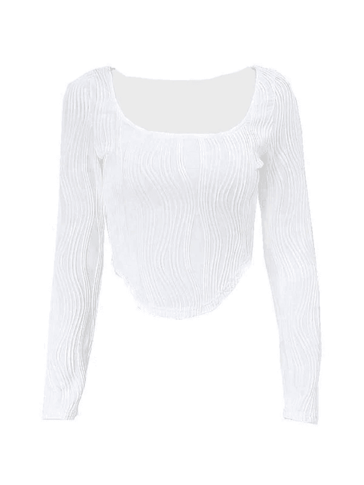 Asymmetric Creped White Long Sleeve Crop Top