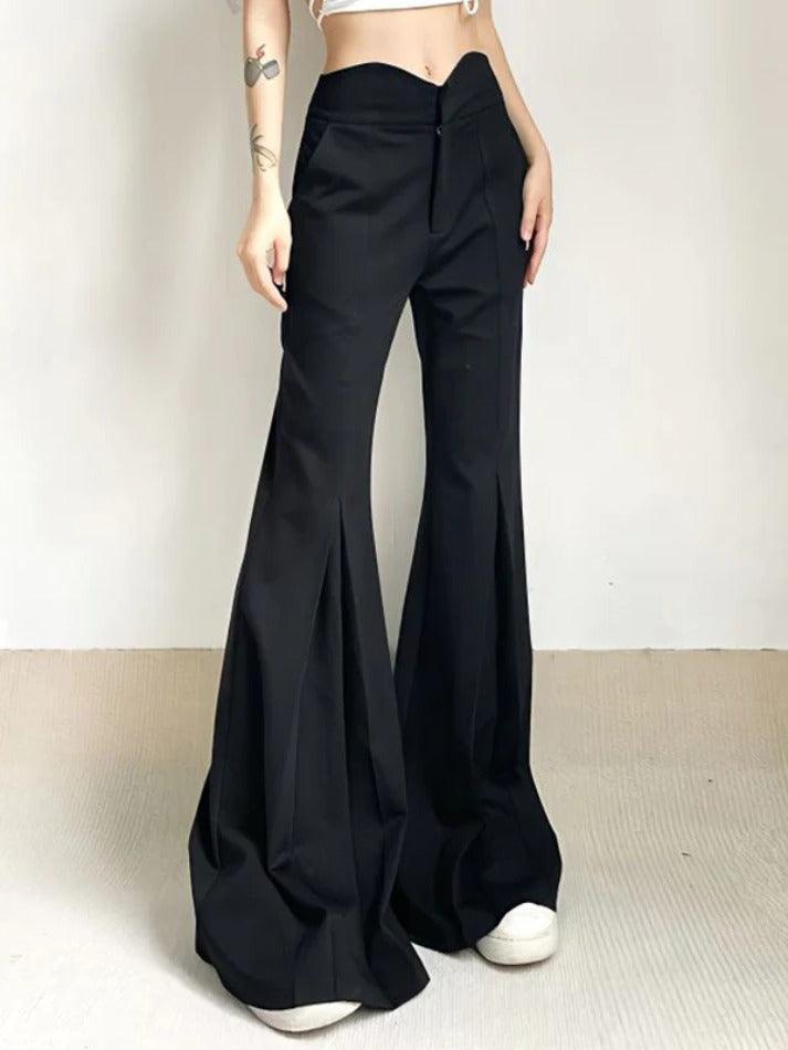 Notched Waist Pleated High Rise Flare Leg Pants