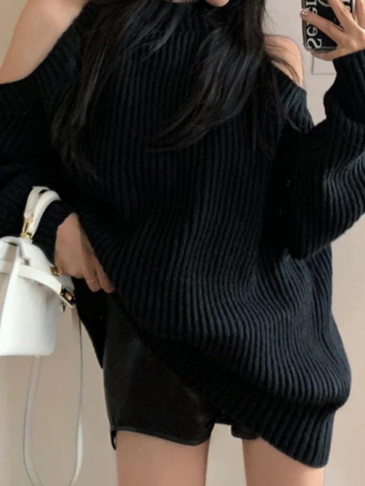 Solid Cold Shoulder Loose Ribbed Sweater