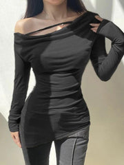 Solid Off Shoulder Irregular Slit Hem Long Sleeve Tee