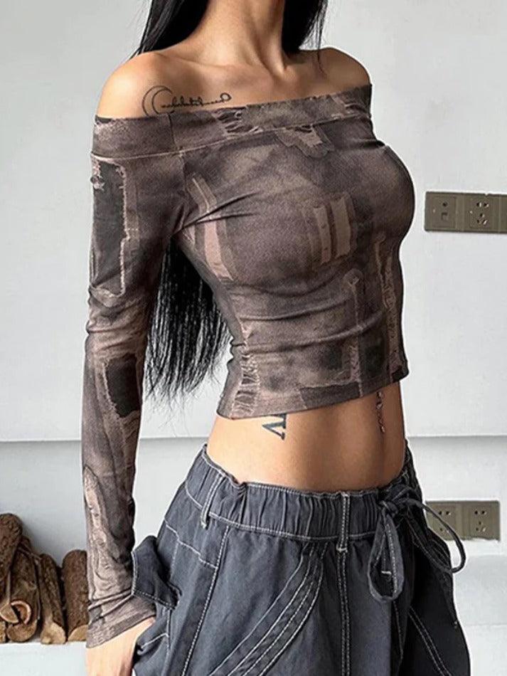 Ombre Print Off Shoulder Cropped Long Sleeve Tee