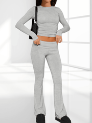 Long Sleeve Cropped Top Fold-over Flare Pants Set