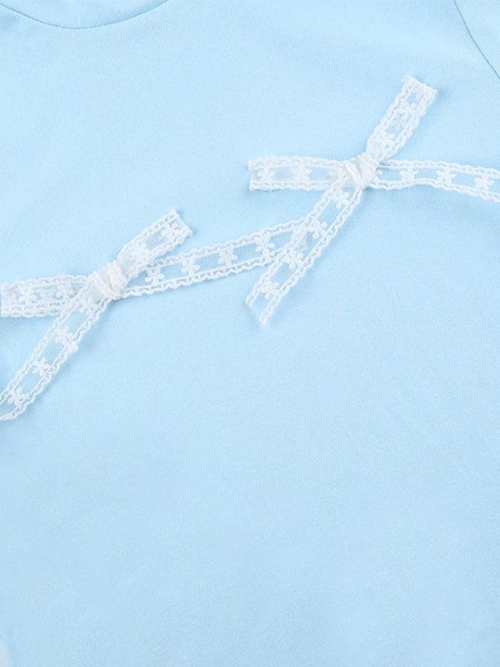 Lace Bow Decor High Neck Long Sleeve Tee